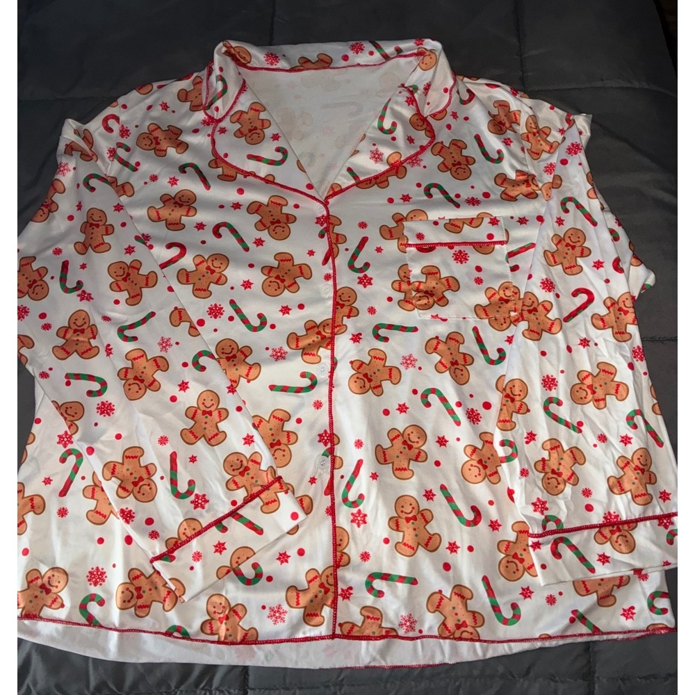 Christmas Gingerbread Candy Cane Pajama Set XL Long Sleeve Button Down Pants
